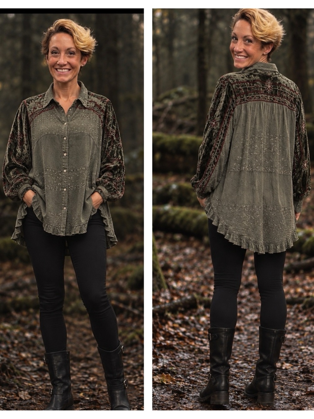 Young Threads Boho Velvet Embroidered Olive Green Button-Down Blouse SZ L NWT